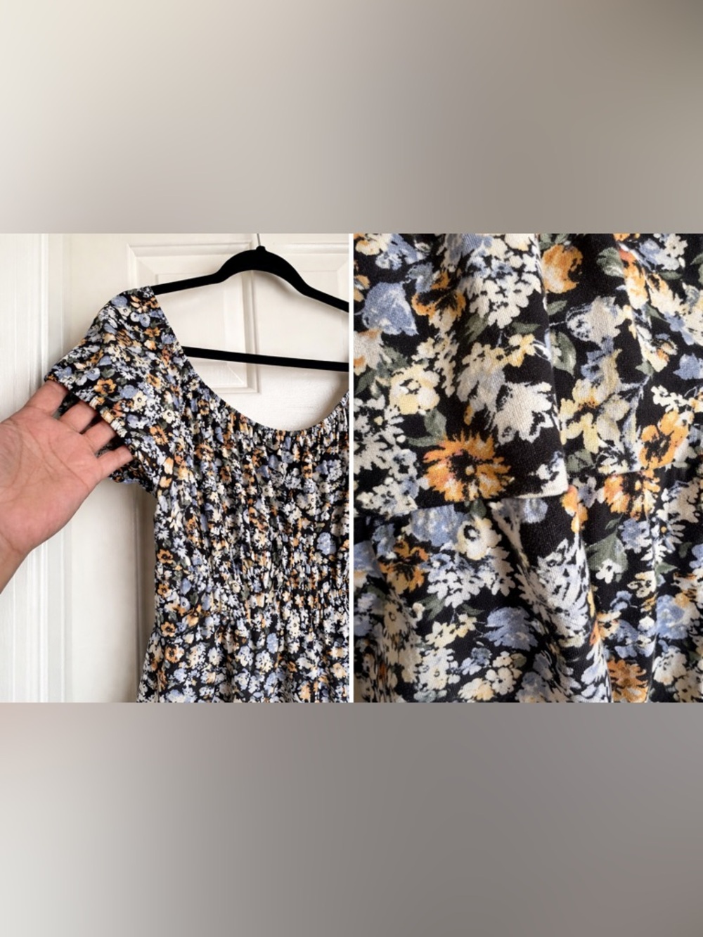 Hollister Floral Smocked Mini Dress Black Blue Yellow Ditsy Puff Sleeve Small - Picture 5 of 5